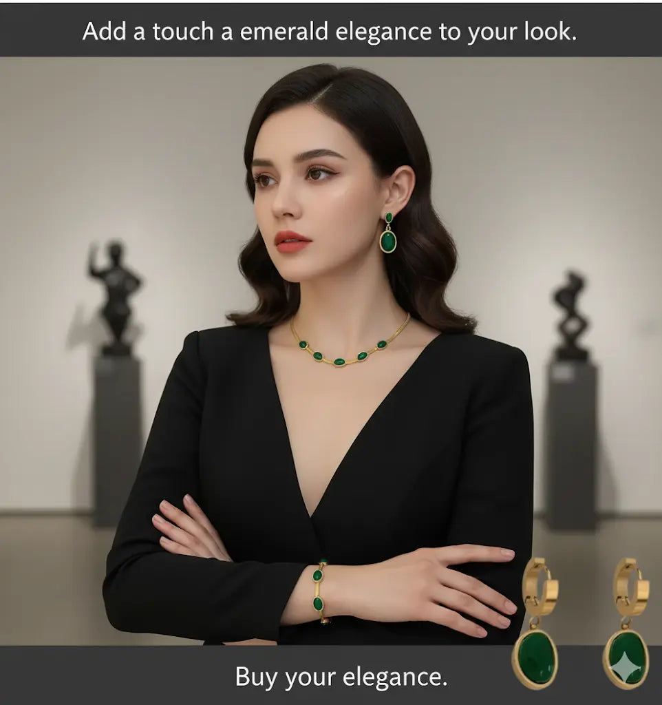 Oval Green Crystal Pendant Necklace Set With Bracelet